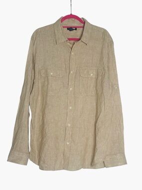 Lands End 100% Linen Shirt XL Beige Tan Long Sleeve Summer